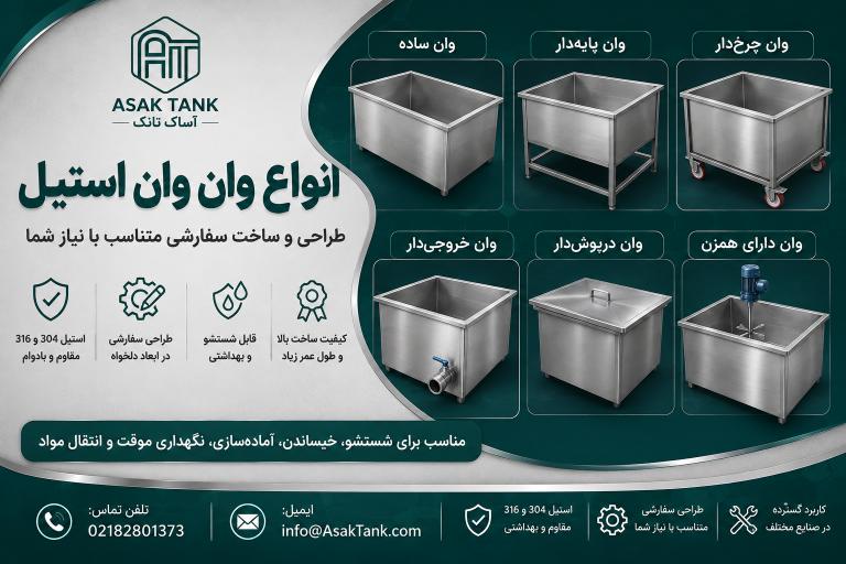انواع وان استیل ساده، پایهدار، چرخدار، خروجیدار، درپوشدار و دارای همزن