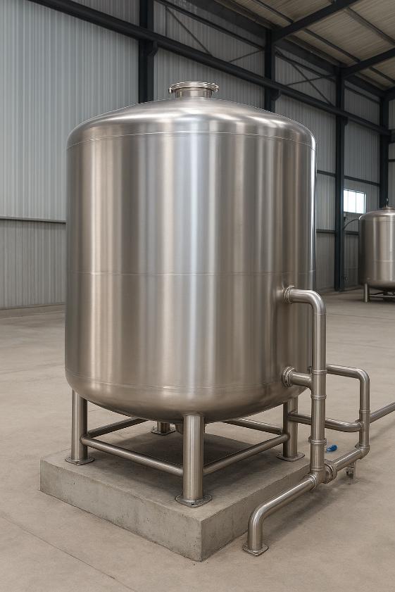 نصب مخزن استیل صنعتی آساک تانک روی پایه مقاوم با لولهها و اتصالات جانبی