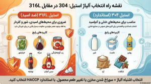 مقایسه کاربرد استیل ۳۰۴ و ۳۱۶ در صنایع غذایی برای لبنیات، رب گوجه و ترشیجات.