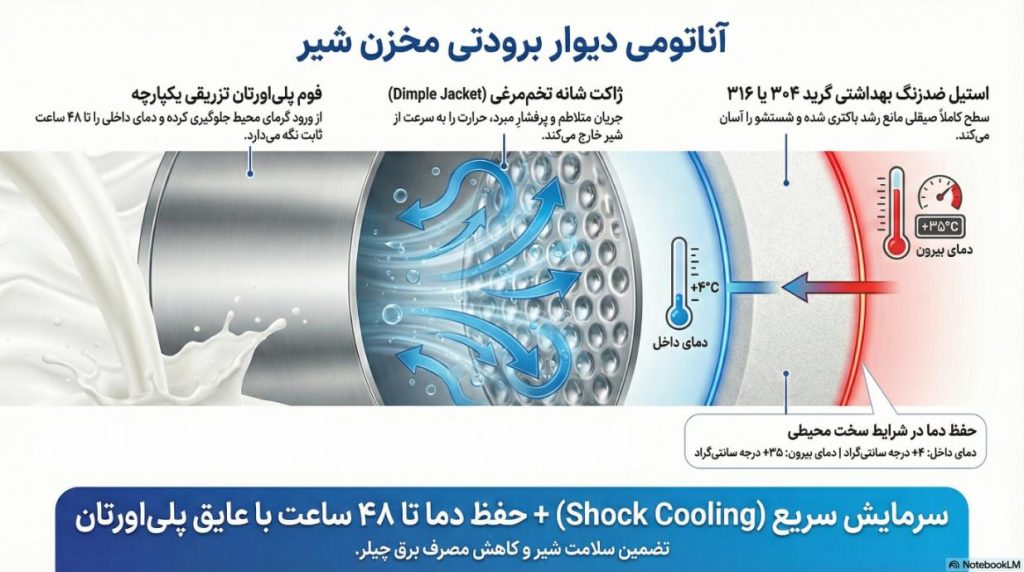 برش فنی جداره مخزن شیر شامل ژاکت شانه تخم‌مرغی و عایق پلی‌اورتان برای سرمایش سریع.