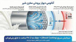 برش فنی جداره مخزن شیر شامل ژاکت شانه تخم‌مرغی و عایق پلی‌اورتان برای سرمایش سریع.