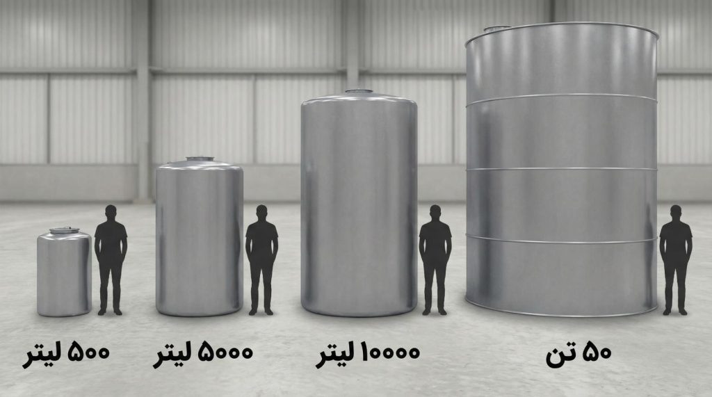 نمایش مخزن های استیل در ظرفیت های ۵۰۰ تا ۵۰ تن
