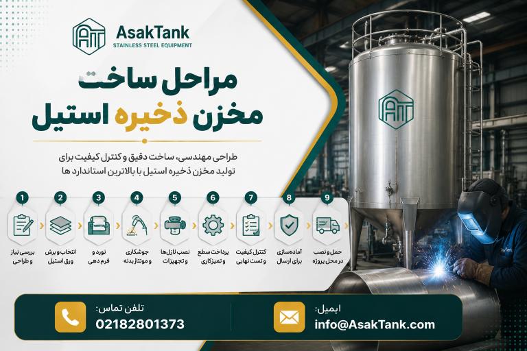مراحل ساخت مخزن ذخیره استیل شامل طراحی، برش، نورد، جوشکاری، مونتاژ و کنترل کیفیت
